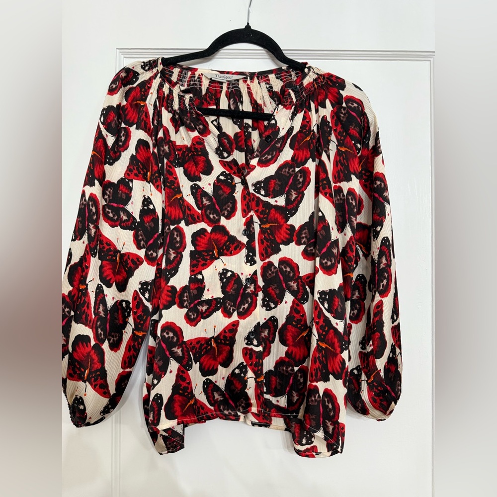 Tucker silk butterfly print peasant blouse petite